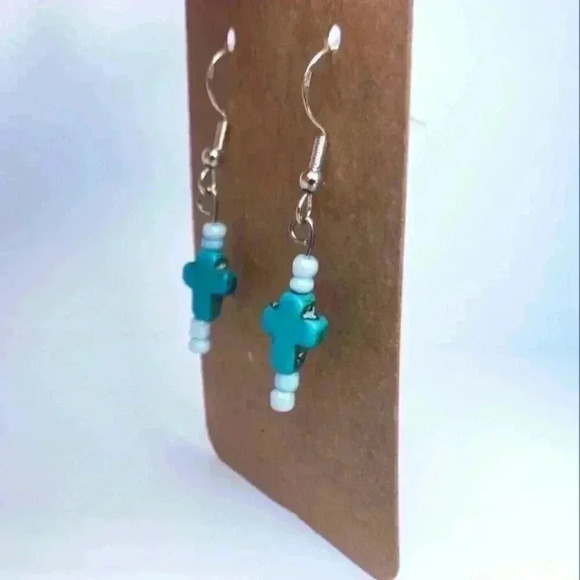 925 silver turquoise cross earrings handmade - Picture 2 of 3